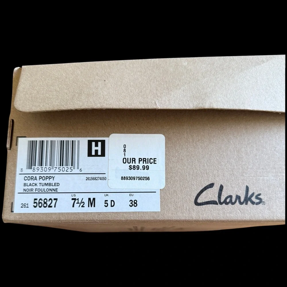 Clarks Cora Poppy Loafers Black Tumbled Leather Comfort Slip On Shoes 7.5 M NIB